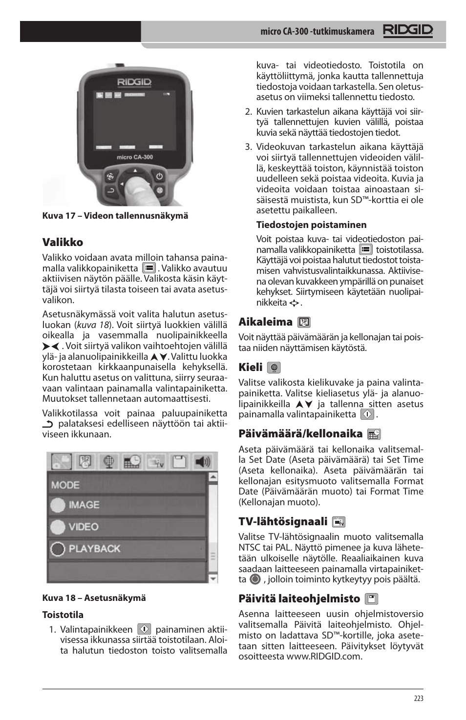 Valikko, Aikaleima, Kieli | Päivämäärä/kellonaika, Tv‑lähtösignaali, Päivitä laiteohjelmisto | RIDGID micro CA-300 User Manual | Page 225 / 472