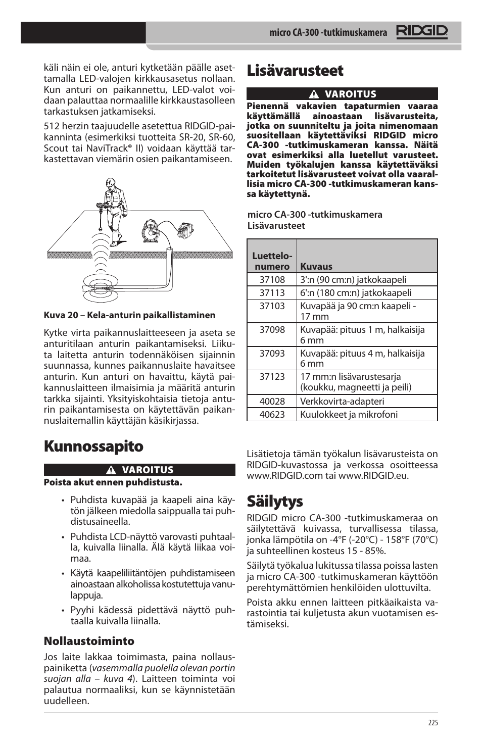 Kunnossapito, Lisävarusteet, Säilytys | Nollaustoiminto | RIDGID micro CA-300 User Manual | Page 227 / 472