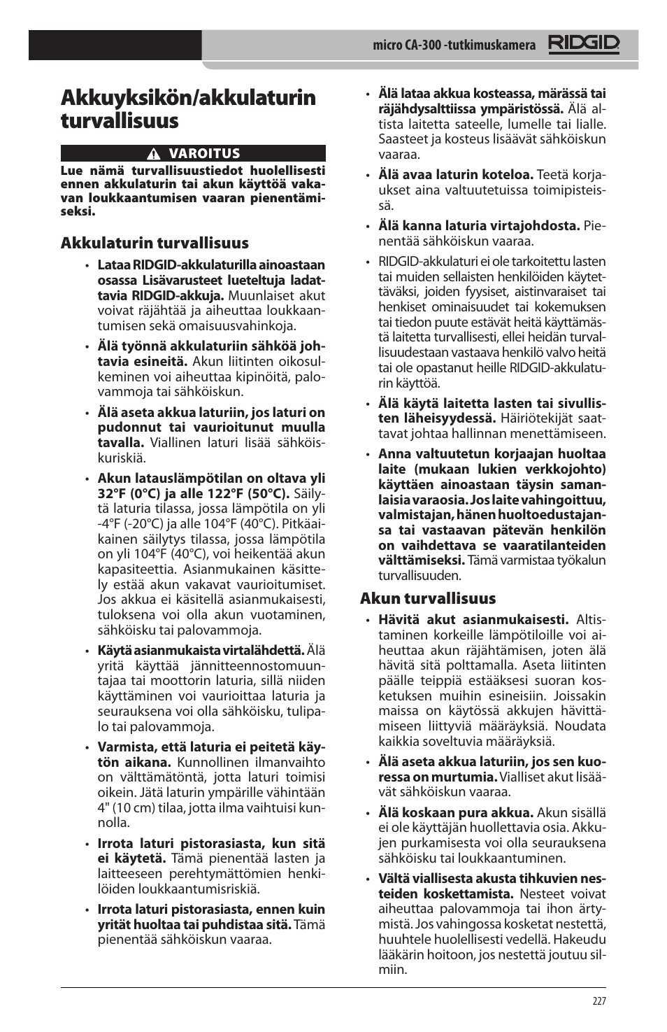 Akkuyksikön/akkulaturin turvallisuus, Akkulaturin turvallisuus, Akun turvallisuus | RIDGID micro CA-300 User Manual | Page 229 / 472