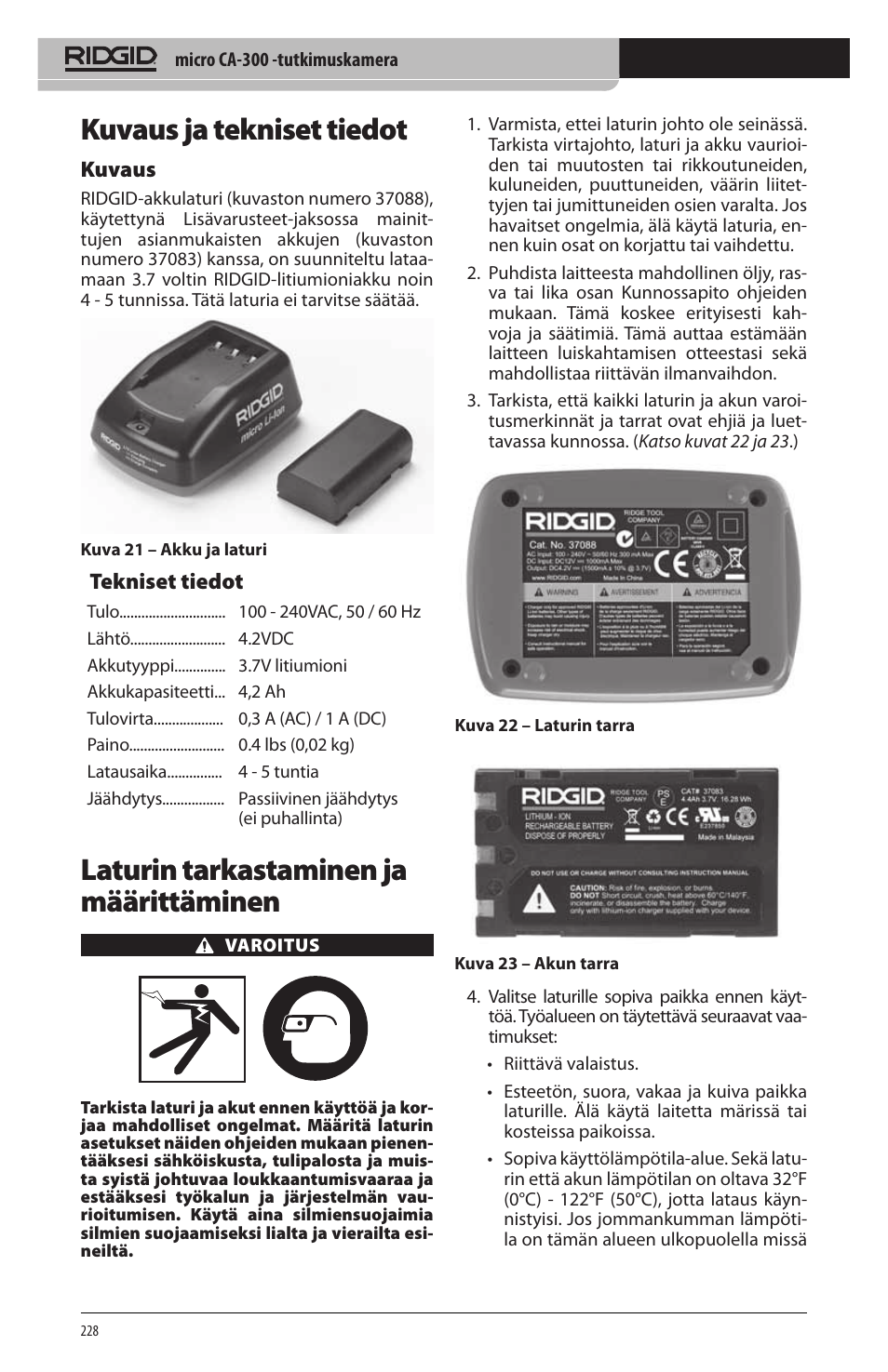 Kuvaus ja tekniset tiedot, Laturin tarkastaminen ja määrittäminen, Kuvaus | Tekniset tiedot | RIDGID micro CA-300 User Manual | Page 230 / 472