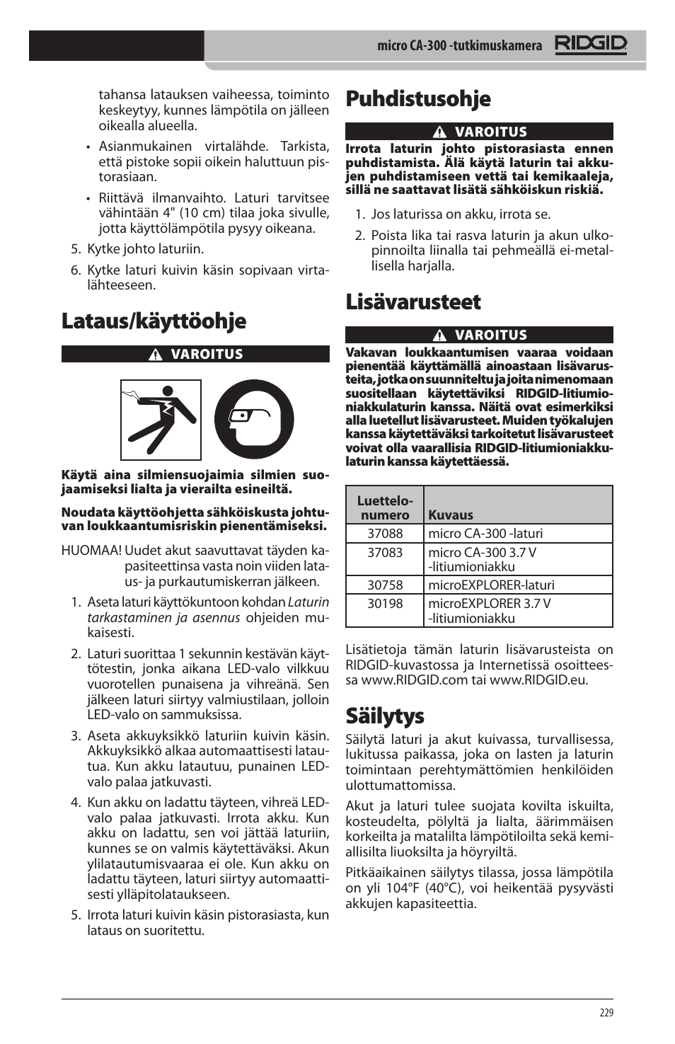 Lataus/käyttöohje, Puhdistusohje, Lisävarusteet | Säilytys | RIDGID micro CA-300 User Manual | Page 231 / 472