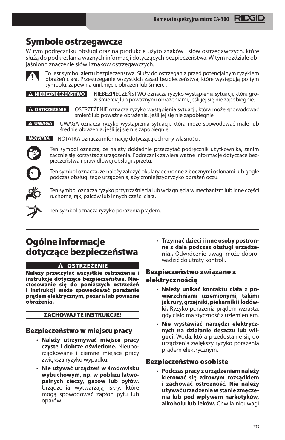 Symbole ostrzegawcze, Ogólne informacje dotyczące bezpieczeństwa, Bezpieczeństwo w miejscu pracy | Bezpieczeństwo związane z elektrycznością, Bezpieczeństwo osobiste | RIDGID micro CA-300 User Manual | Page 235 / 472