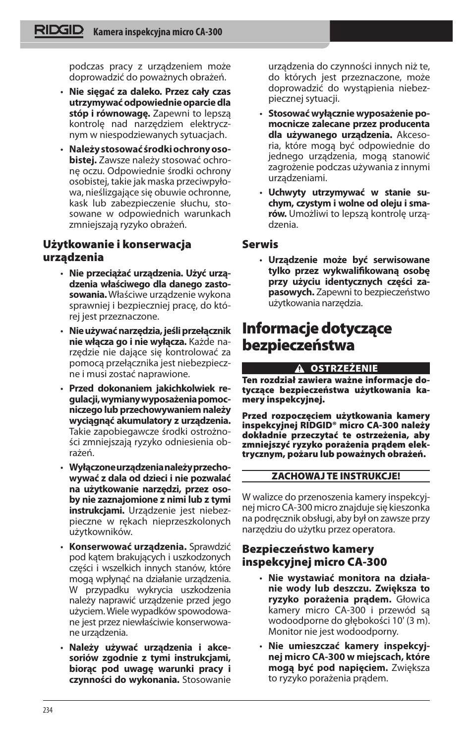 Informacje dotyczące bezpieczeństwa, Użytkowanie i konserwacja urządzenia, Serwis | Bezpieczeństwo kamery inspekcyjnej micro ca‑300 | RIDGID micro CA-300 User Manual | Page 236 / 472