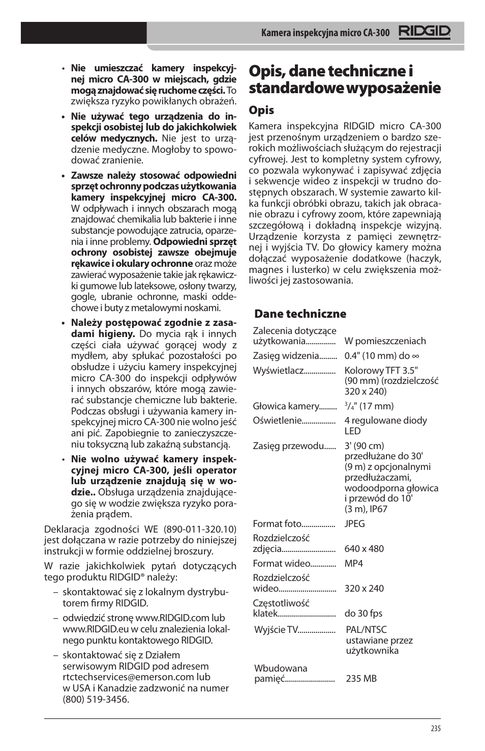 Opis, dane techniczne i standardowe wyposażenie, Opis, Dane techniczne | RIDGID micro CA-300 User Manual | Page 237 / 472