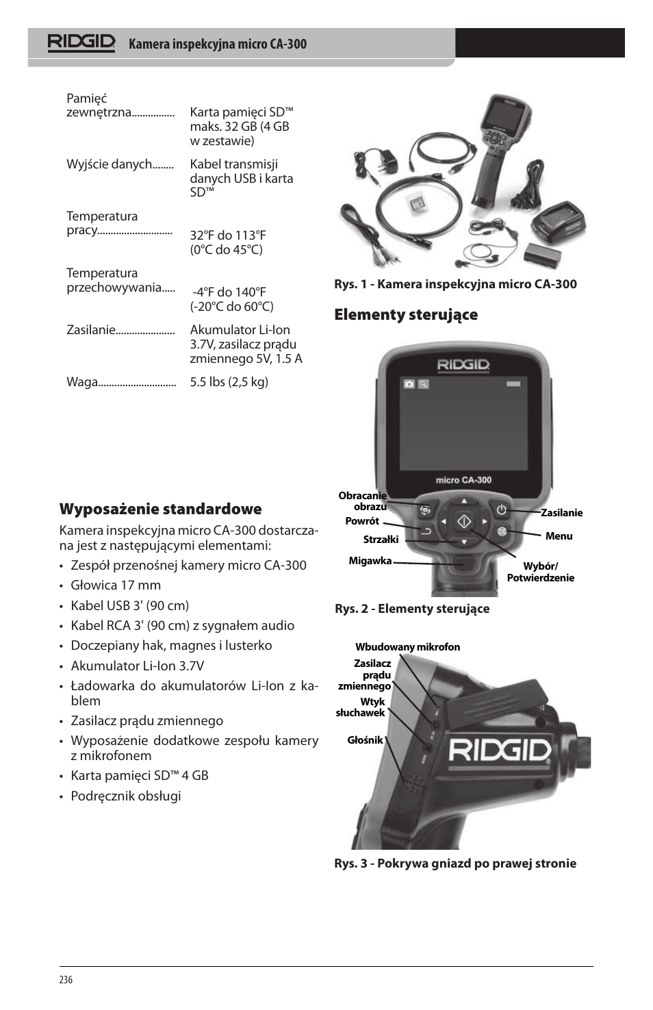 Wyposażenie standardowe, Elementy sterujące | RIDGID micro CA-300 User Manual | Page 238 / 472