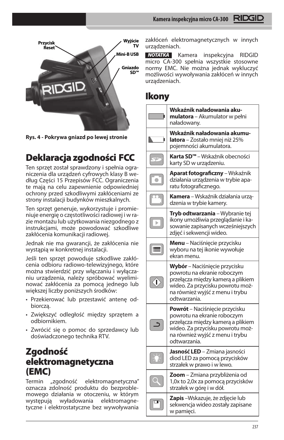 Ikony, Deklaracja zgodności fcc, Zgodność elektromagnetyczna (emc) | RIDGID micro CA-300 User Manual | Page 239 / 472