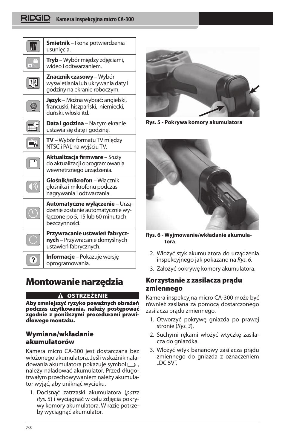 Montowanie narzędzia, Wymiana/wkładanie akumulatorów, Korzystanie z zasilacza prądu zmiennego | RIDGID micro CA-300 User Manual | Page 240 / 472