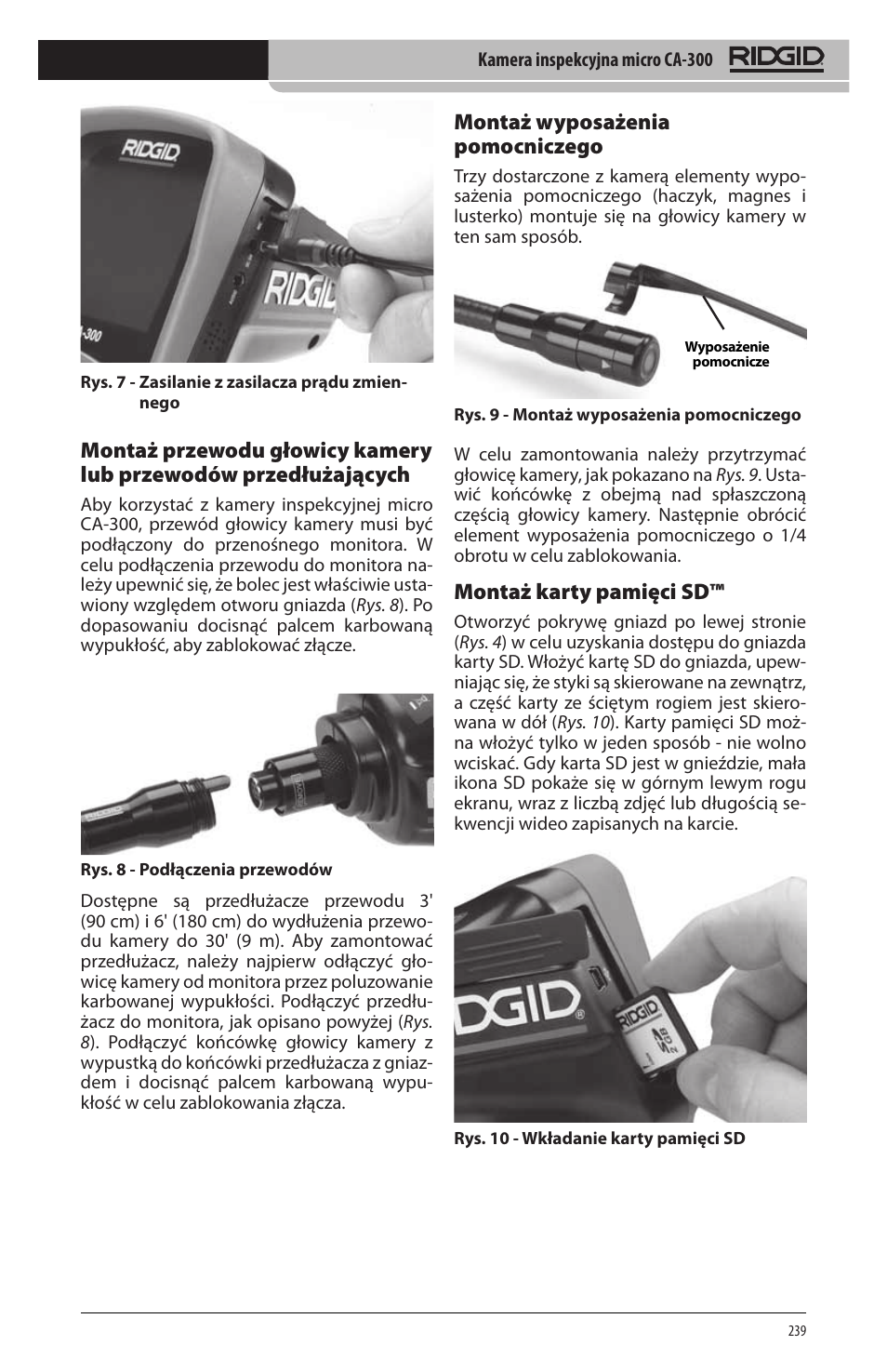 Montaż wyposażenia pomocniczego, Montaż karty pamięci sd | RIDGID micro CA-300 User Manual | Page 241 / 472