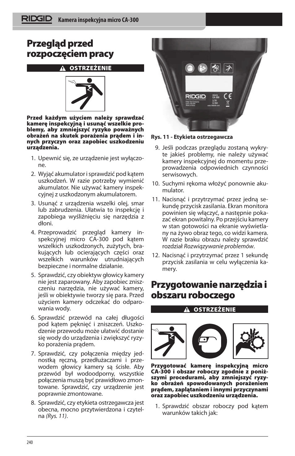 Przegląd przed rozpoczęciem pracy, Przygotowanie narzędzia i obszaru roboczego | RIDGID micro CA-300 User Manual | Page 242 / 472