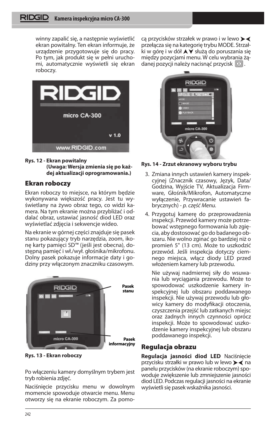 Ekran roboczy, Regulacja obrazu | RIDGID micro CA-300 User Manual | Page 244 / 472