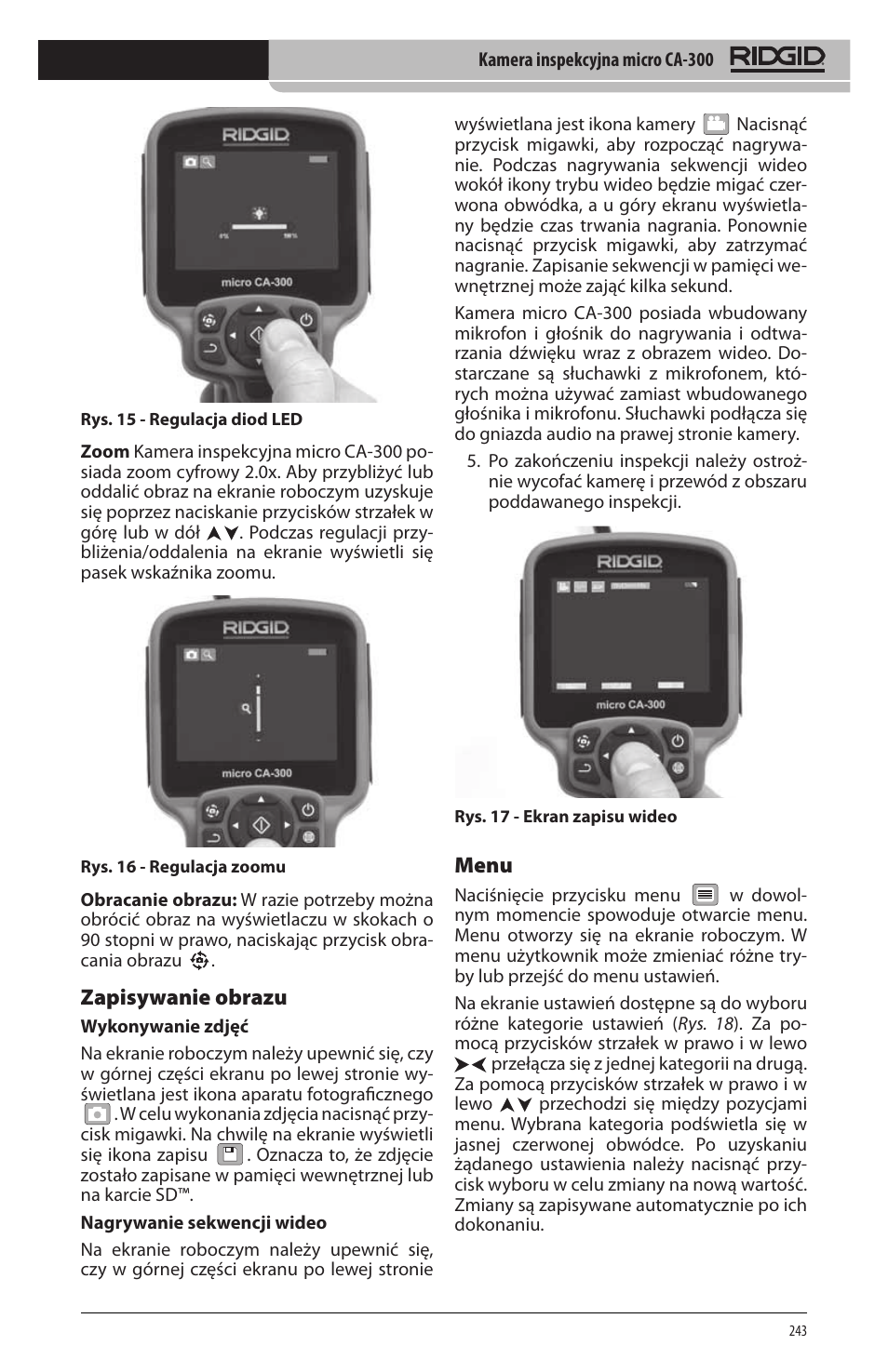 Zapisywanie obrazu, Menu | RIDGID micro CA-300 User Manual | Page 245 / 472