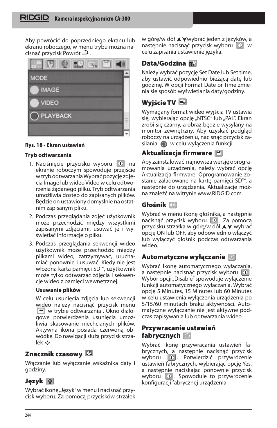 Znacznik czasowy, Język, Data/godzina | Wyjście tv, Aktualizacja firmware, Głośnik, Automatyczne wyłączanie, Przywracanie ustawień fabrycznych | RIDGID micro CA-300 User Manual | Page 246 / 472