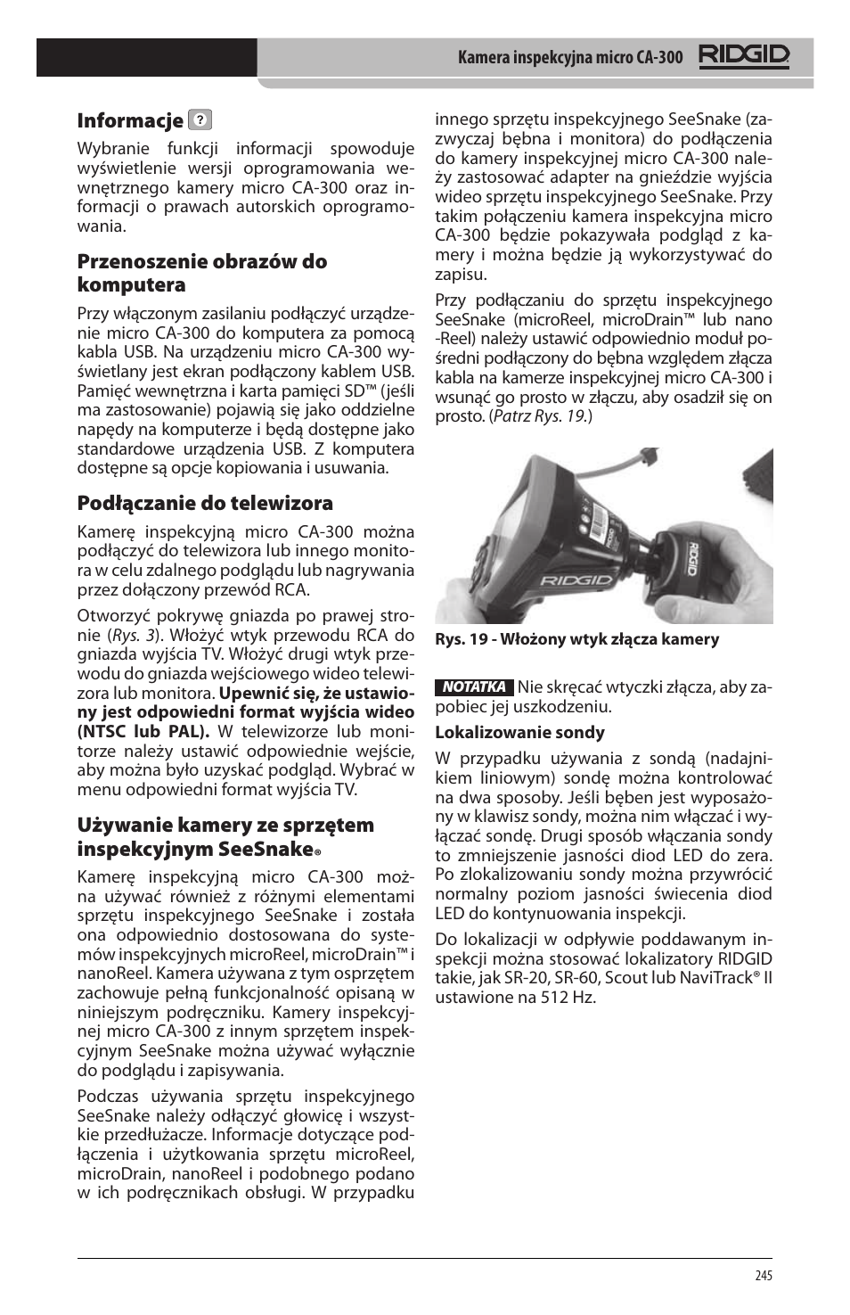 Informacje, Przenoszenie obrazów do komputera, Podłączanie do telewizora | Używanie kamery ze sprzętem inspekcyjnym seesnake | RIDGID micro CA-300 User Manual | Page 247 / 472