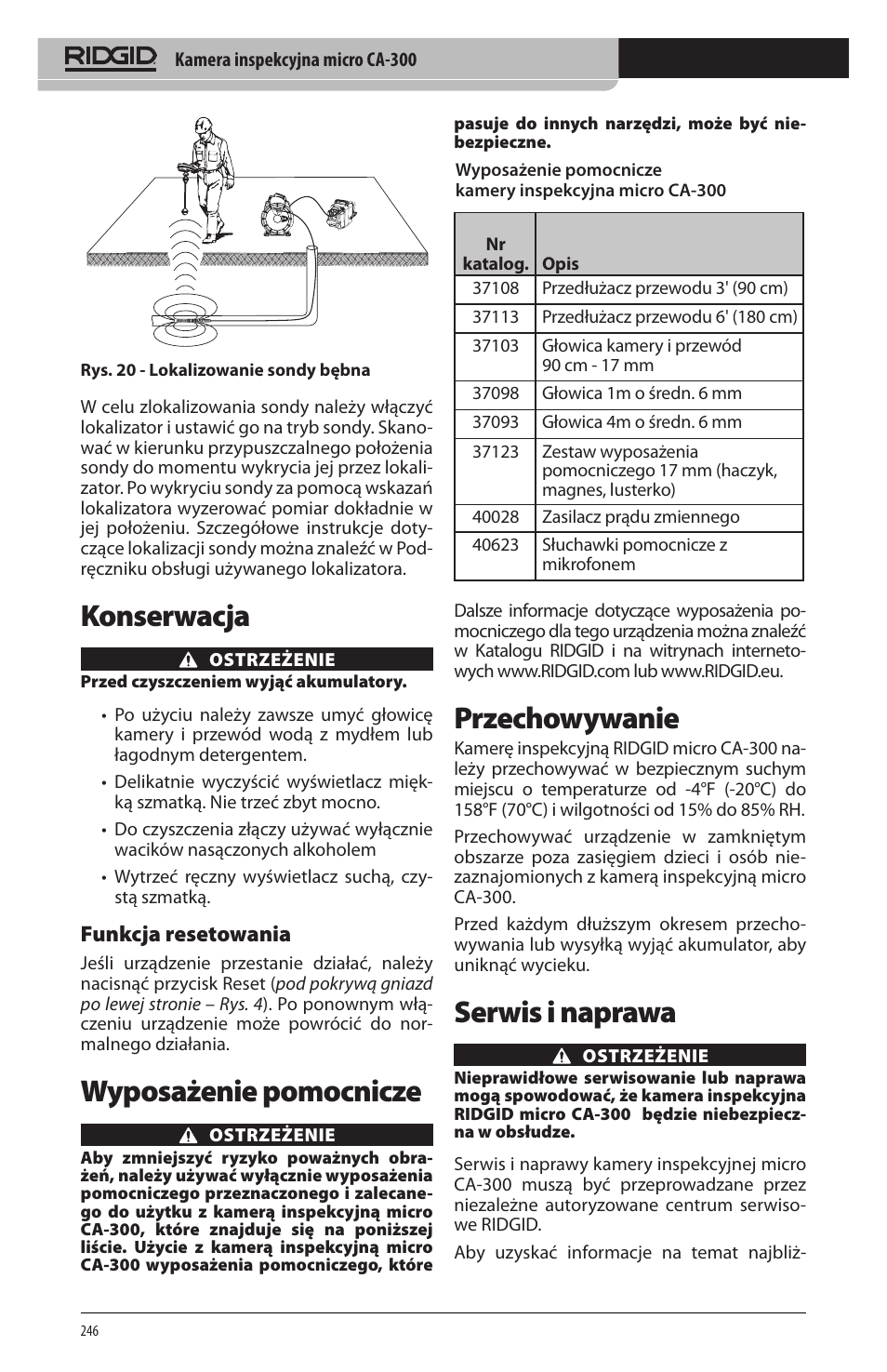 Konserwacja, Wyposażenie pomocnicze, Przechowywanie | Serwis i naprawa, Funkcja resetowania | RIDGID micro CA-300 User Manual | Page 248 / 472