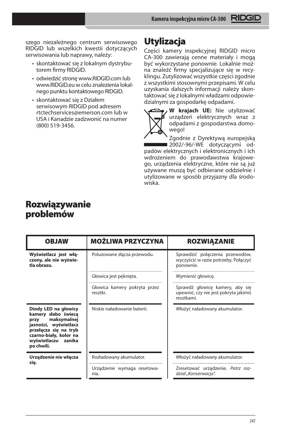 Rozwiązywanie problemów, Utylizacja, Objaw możliwa przyczyna rozwiązanie | RIDGID micro CA-300 User Manual | Page 249 / 472