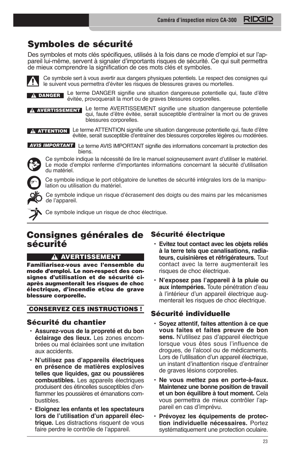 Symboles de sécurité, Consignes générales de sécurité | RIDGID micro CA-300 User Manual | Page 25 / 472