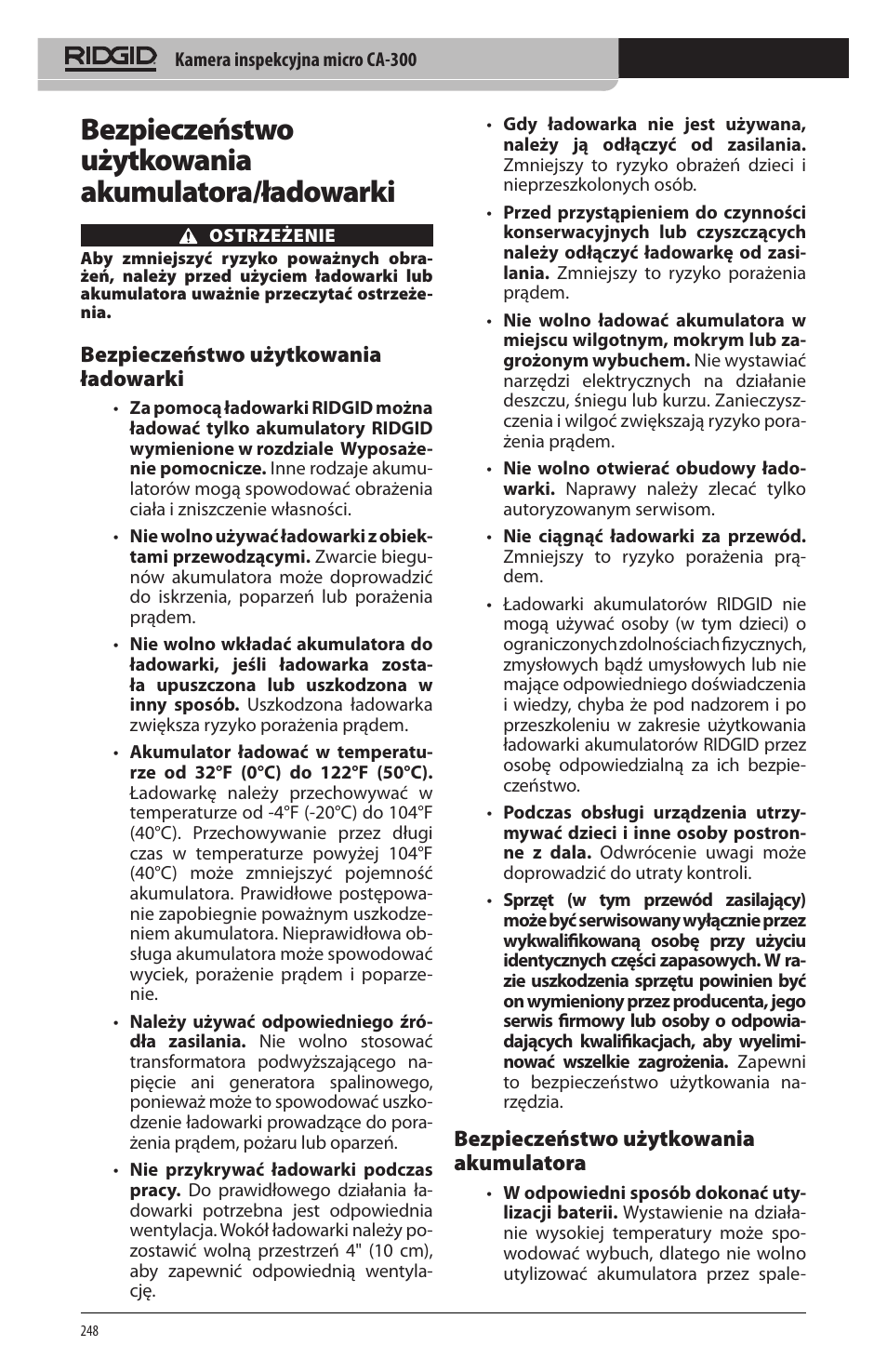 Bezpieczeństwo użytkowania akumulatora/ładowarki, Bezpieczeństwo użytkowania ładowarki, Bezpieczeństwo użytkowania akumulatora | RIDGID micro CA-300 User Manual | Page 250 / 472