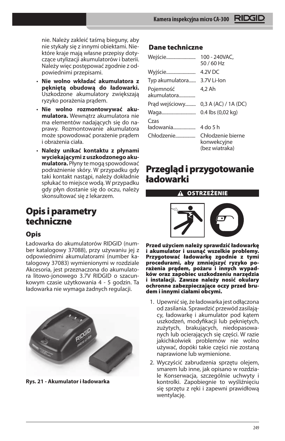 Opis i parametry techniczne, Przegląd i przygotowanie ładowarki, Opis | Dane techniczne | RIDGID micro CA-300 User Manual | Page 251 / 472