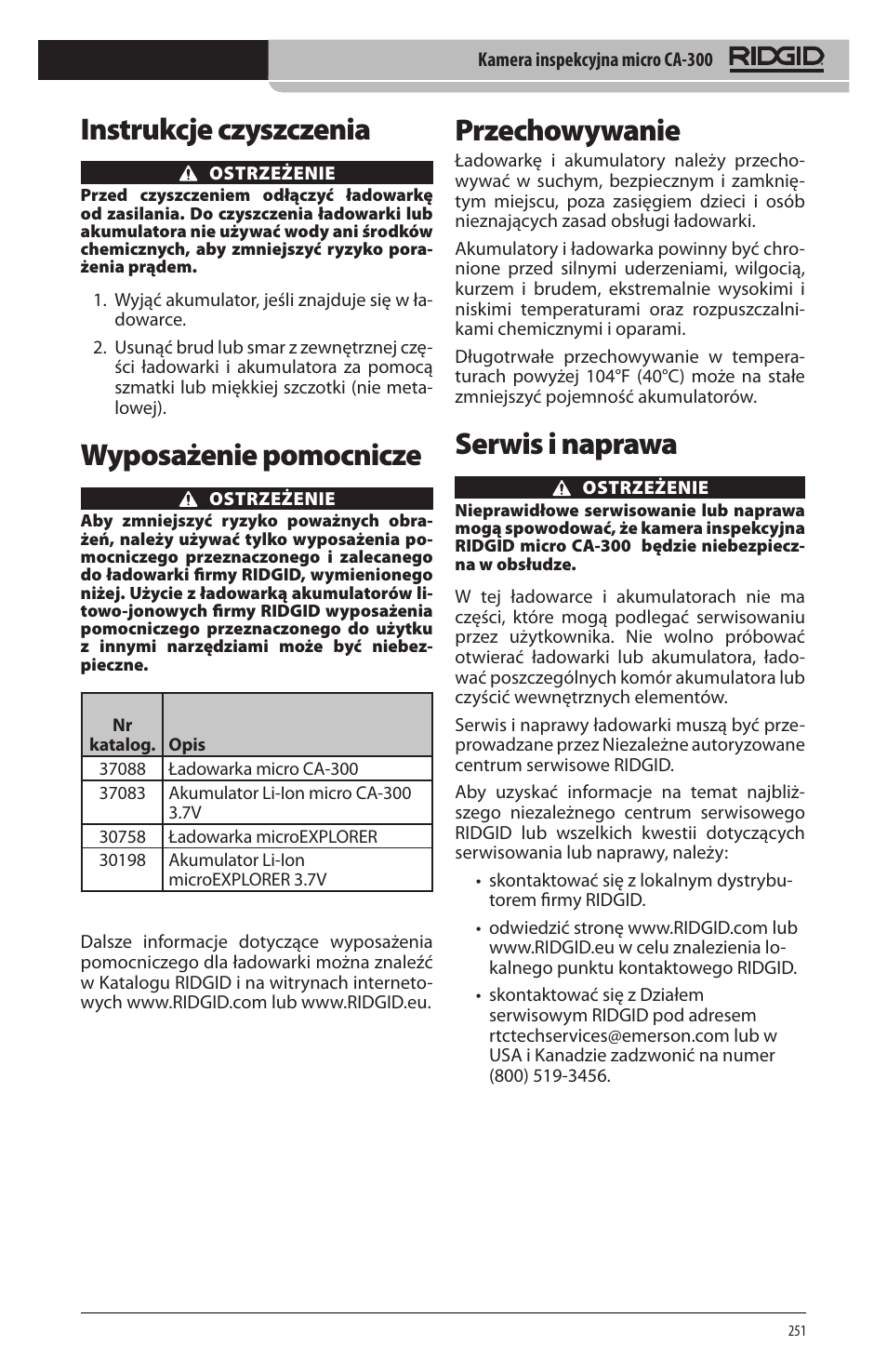 Instrukcje czyszczenia, Wyposażenie pomocnicze, Przechowywanie | Serwis i naprawa | RIDGID micro CA-300 User Manual | Page 253 / 472