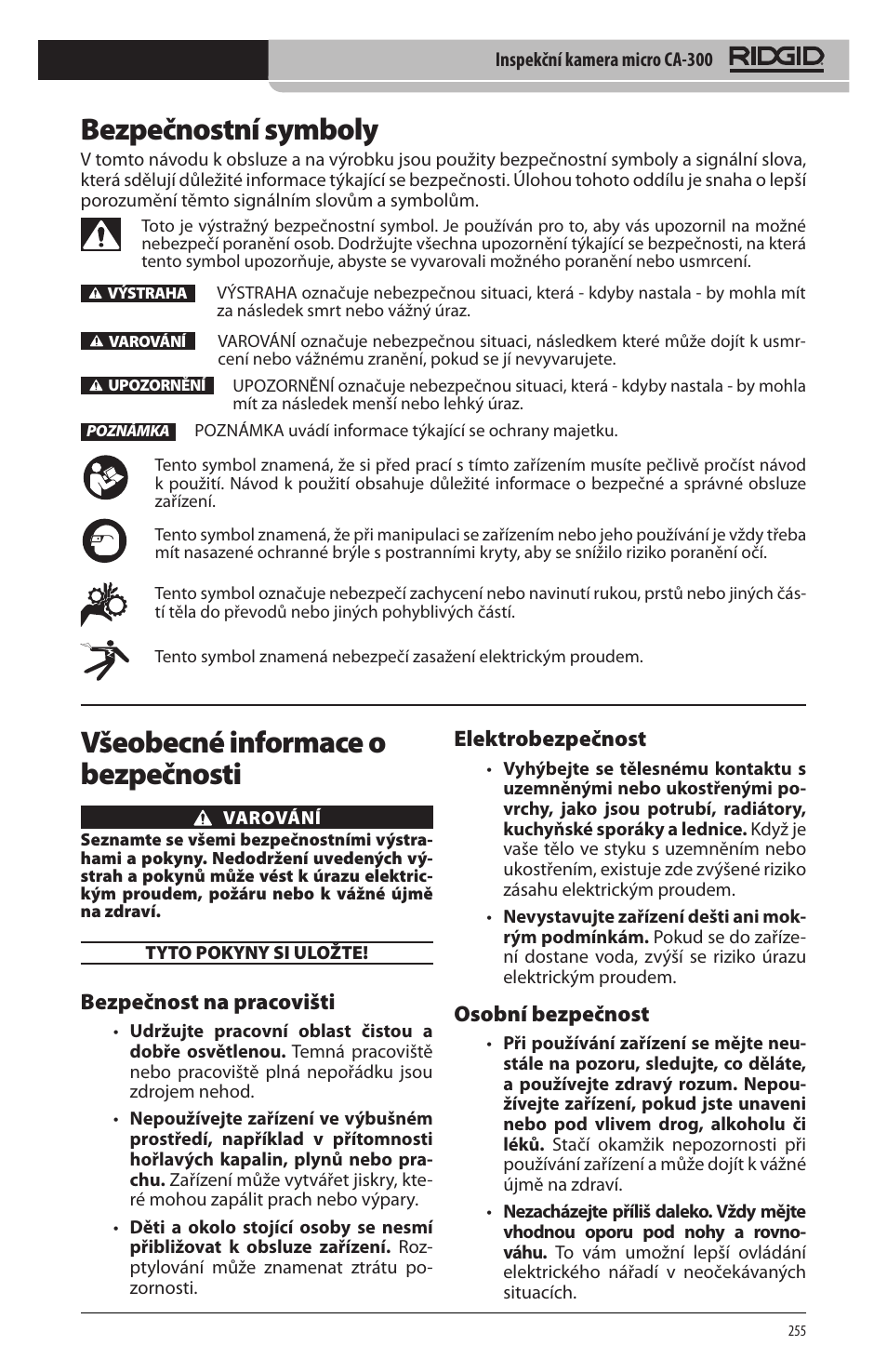 Bezpečnostní symboly, Všeobecné informace o bezpečnosti, Bezpečnost na pracovišti | Elektrobezpečnost, Osobní bezpečnost | RIDGID micro CA-300 User Manual | Page 257 / 472