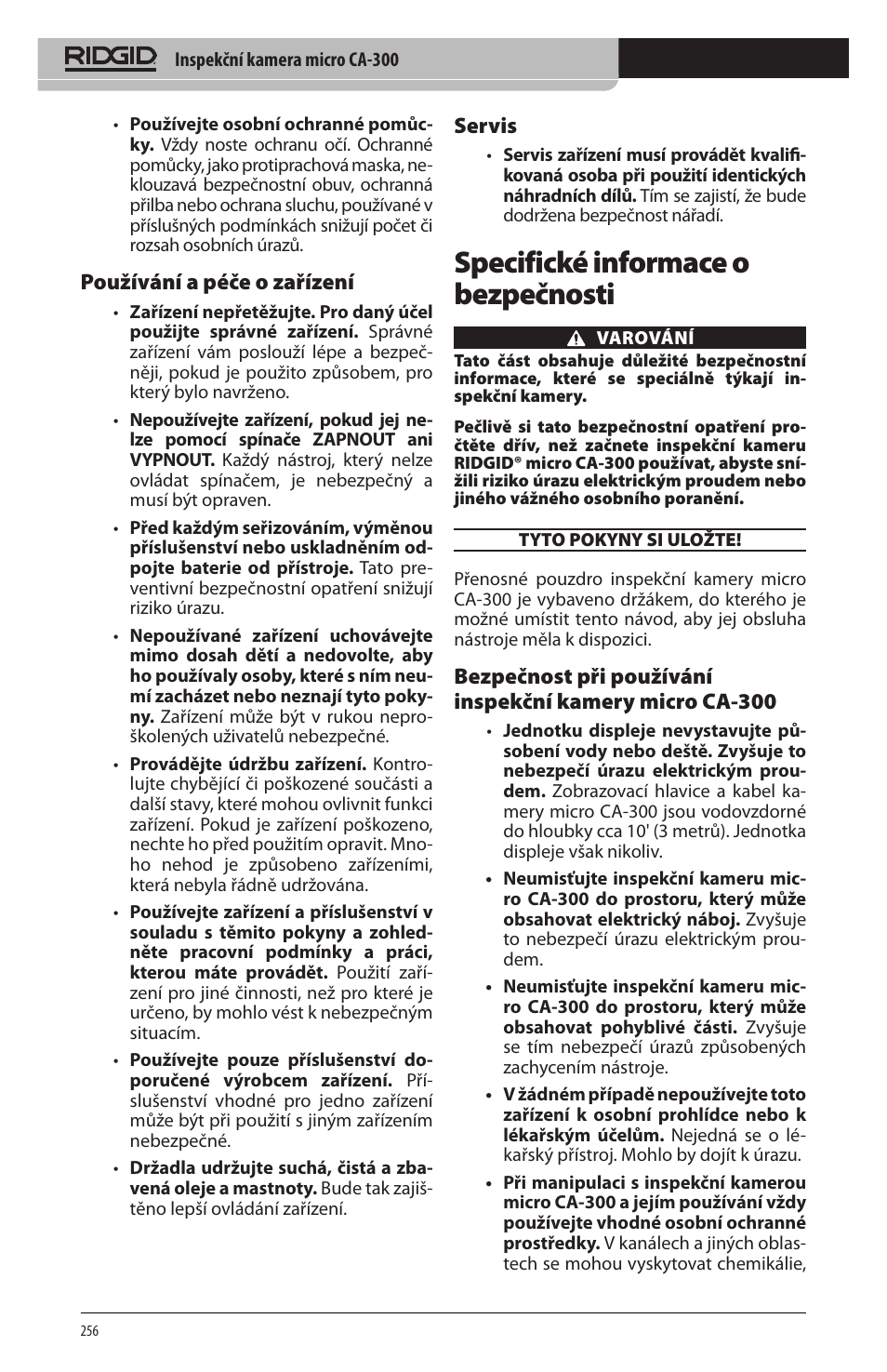 Specifické informace o bezpečnosti, Používání a péče o zařízení, Servis | RIDGID micro CA-300 User Manual | Page 258 / 472