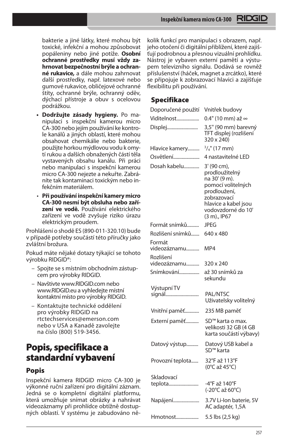 Popis, specifikace a standardní vybavení, Popis, Specifikace | RIDGID micro CA-300 User Manual | Page 259 / 472