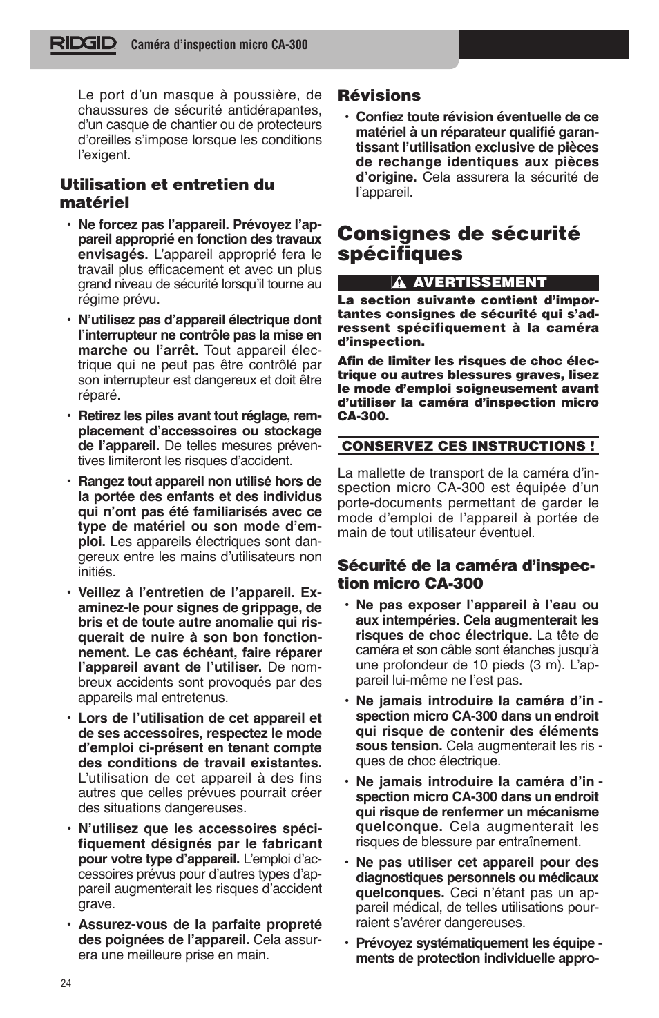 Consignes de sécurité spécifiques | RIDGID micro CA-300 User Manual | Page 26 / 472
