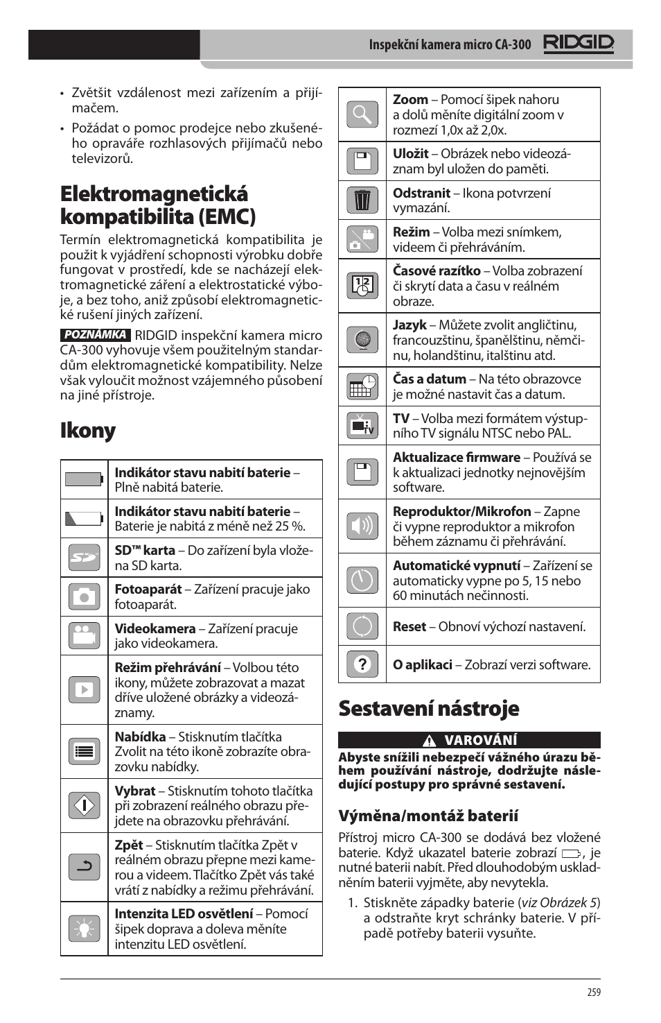 Sestavení nástroje, Elektromagnetická kompatibilita (emc), Ikony | RIDGID micro CA-300 User Manual | Page 261 / 472