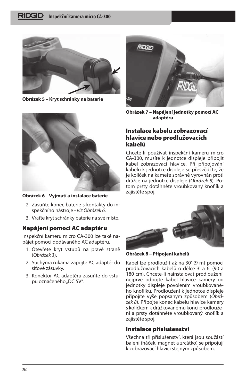 Napájení pomocí ac adaptéru, Instalace příslušenství | RIDGID micro CA-300 User Manual | Page 262 / 472