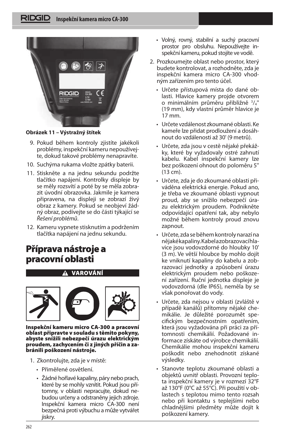 Příprava nástroje a pracovní oblasti | RIDGID micro CA-300 User Manual | Page 264 / 472