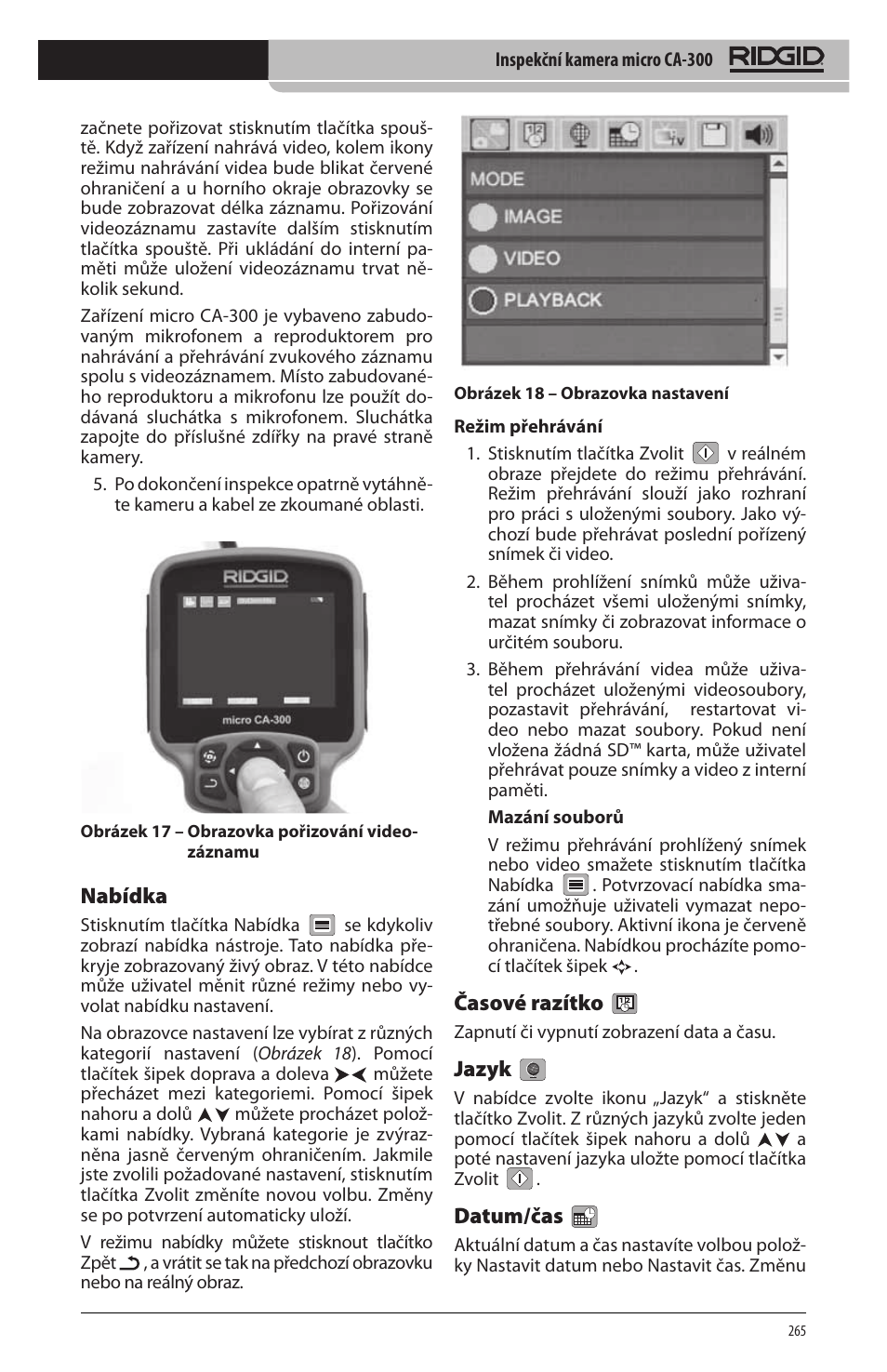 Nabídka, Časové razítko, Jazyk | Datum/čas | RIDGID micro CA-300 User Manual | Page 267 / 472