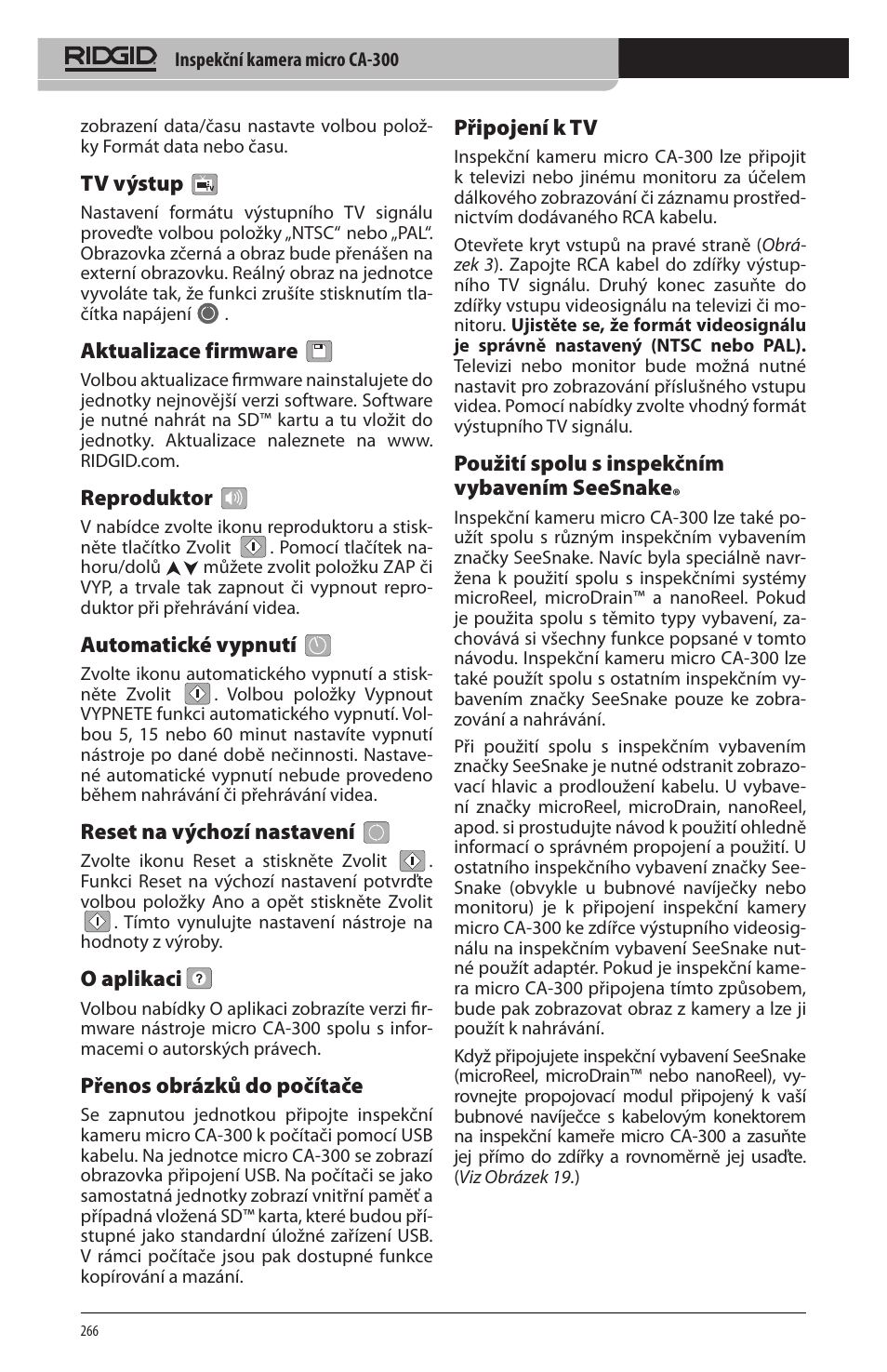 Tv výstup, Aktualizace firmware, Reproduktor | Automatické vypnutí, Reset na výchozí nastavení, O aplikaci, Přenos obrázků do počítače, Připojení k tv, Použití spolu s inspekčním vybavením seesnake | RIDGID micro CA-300 User Manual | Page 268 / 472