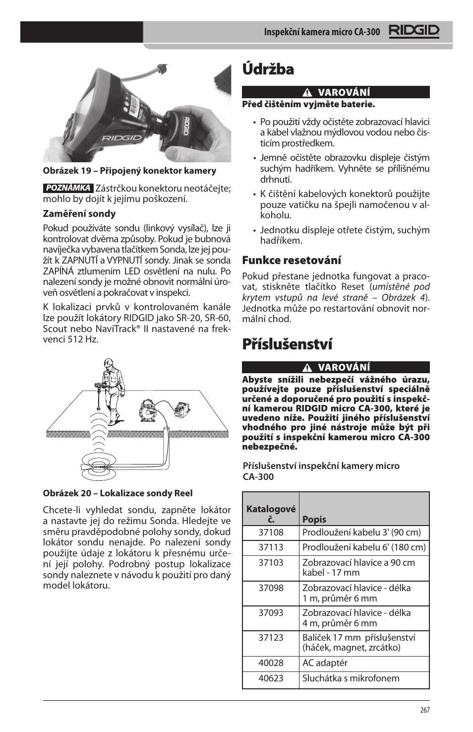 Údržba, Příslušenství, Funkce resetování | RIDGID micro CA-300 User Manual | Page 269 / 472