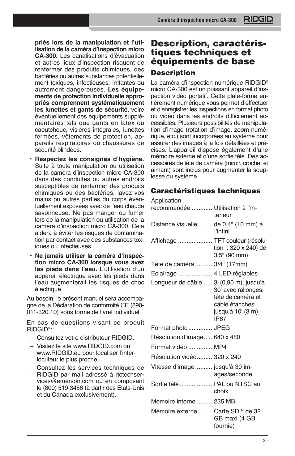 Description, Caractéristiques techniques | RIDGID micro CA-300 User Manual | Page 27 / 472