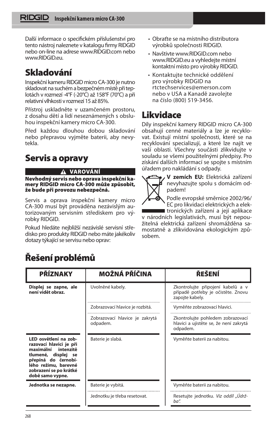 Skladování, Servis a opravy, Likvidace | Řešení problémů, Příznaky možná příčina řešení | RIDGID micro CA-300 User Manual | Page 270 / 472