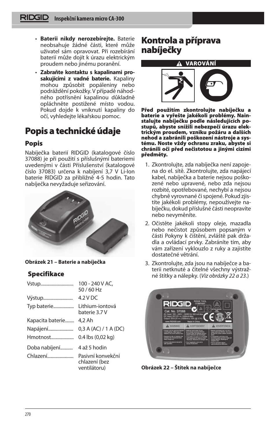 Popis a technické údaje, Kontrola a příprava nabíječky, Popis | Specifikace | RIDGID micro CA-300 User Manual | Page 272 / 472