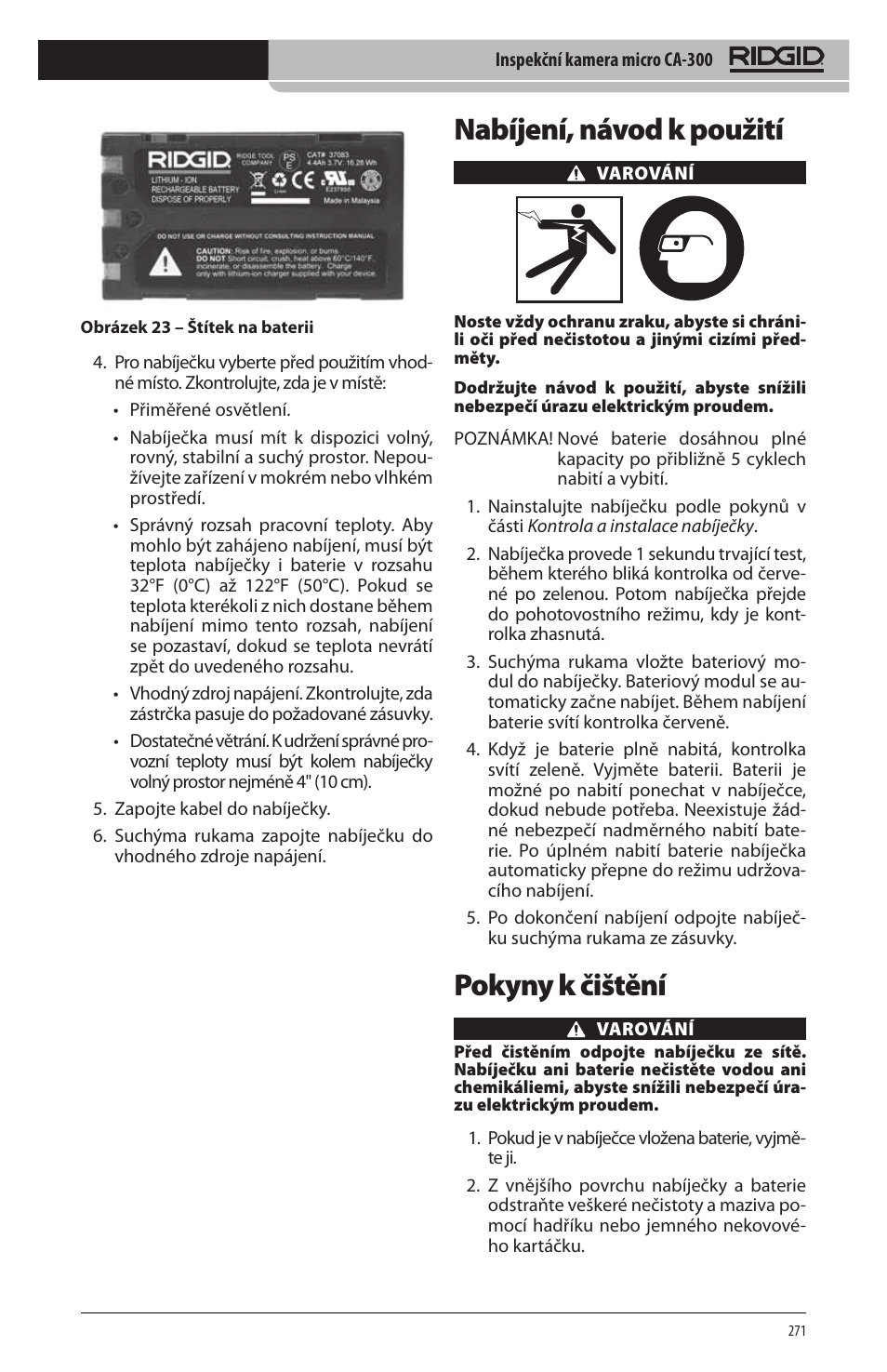 Nabíjení, návod k použití, Pokyny k čištění | RIDGID micro CA-300 User Manual | Page 273 / 472