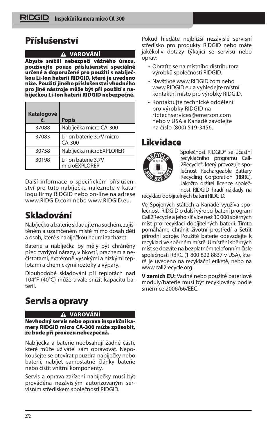 Příslušenství, Skladování, Servis a opravy | Likvidace | RIDGID micro CA-300 User Manual | Page 274 / 472