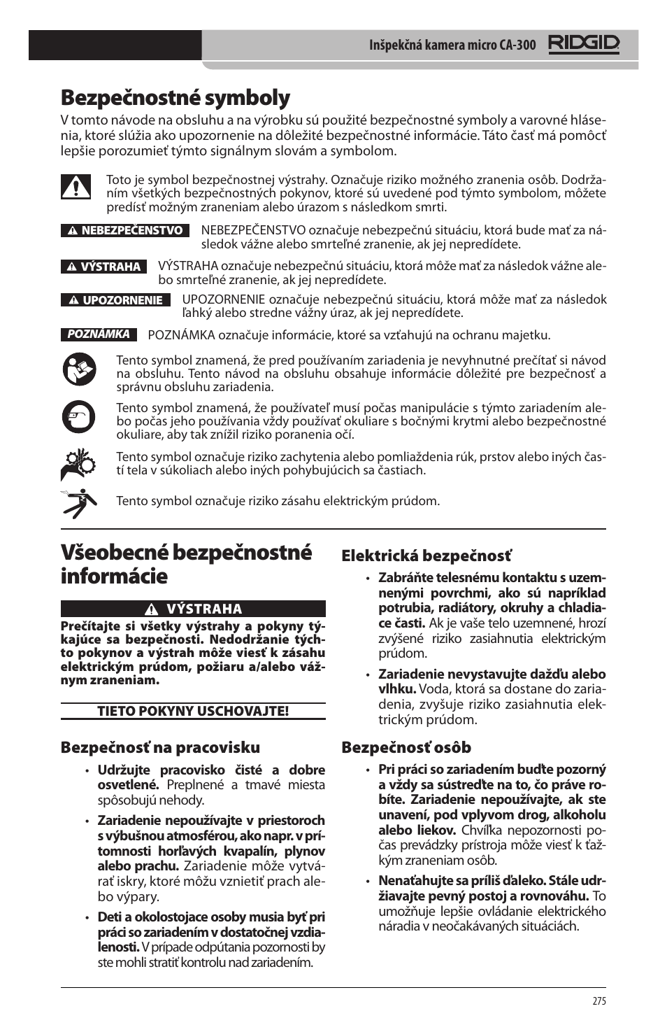 Bezpečnostné symboly, Všeobecné bezpečnostné informácie, Bezpečnosť na pracovisku | Elektrická bezpečnosť, Bezpečnosť osôb | RIDGID micro CA-300 User Manual | Page 277 / 472