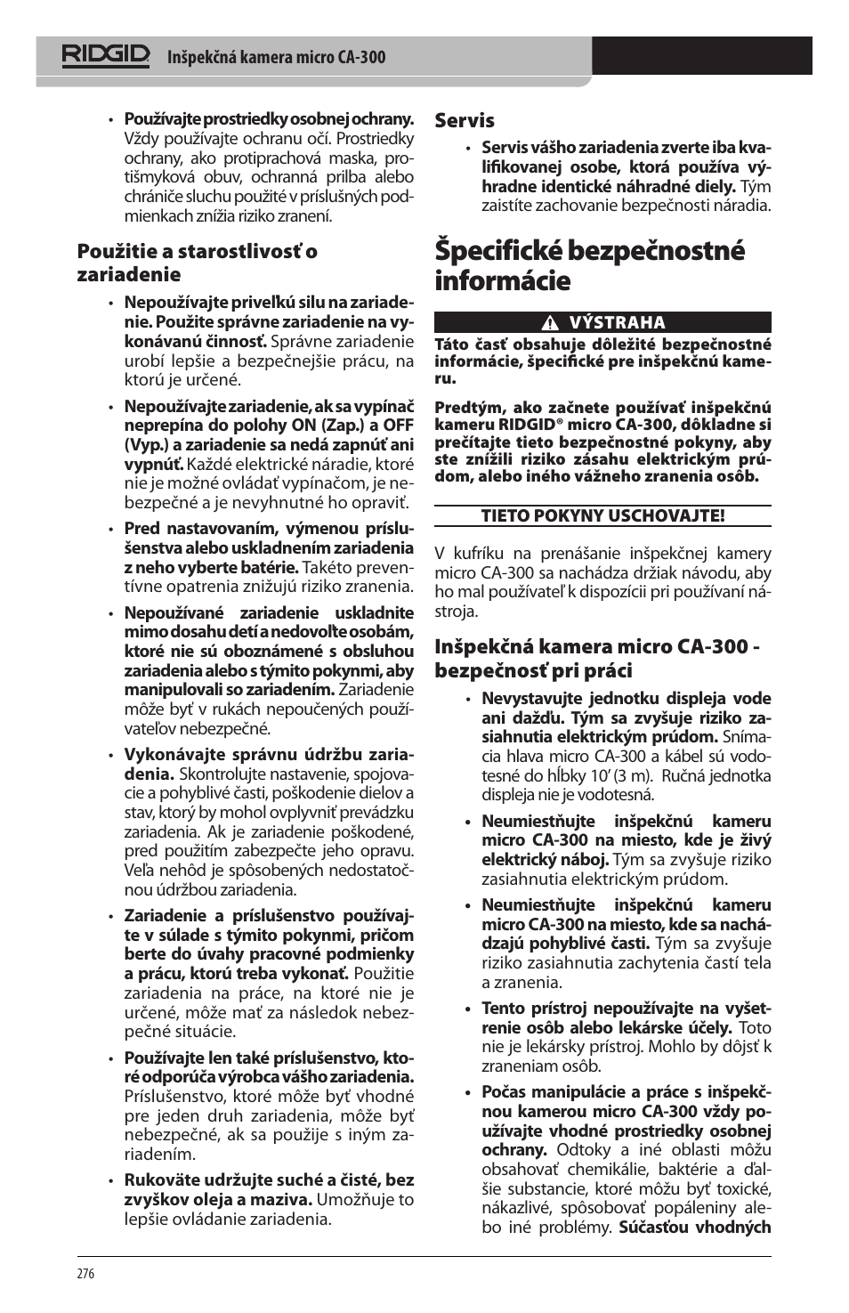 Špecifické bezpečnostné informácie, Použitie a starostlivosť o zariadenie, Servis | RIDGID micro CA-300 User Manual | Page 278 / 472