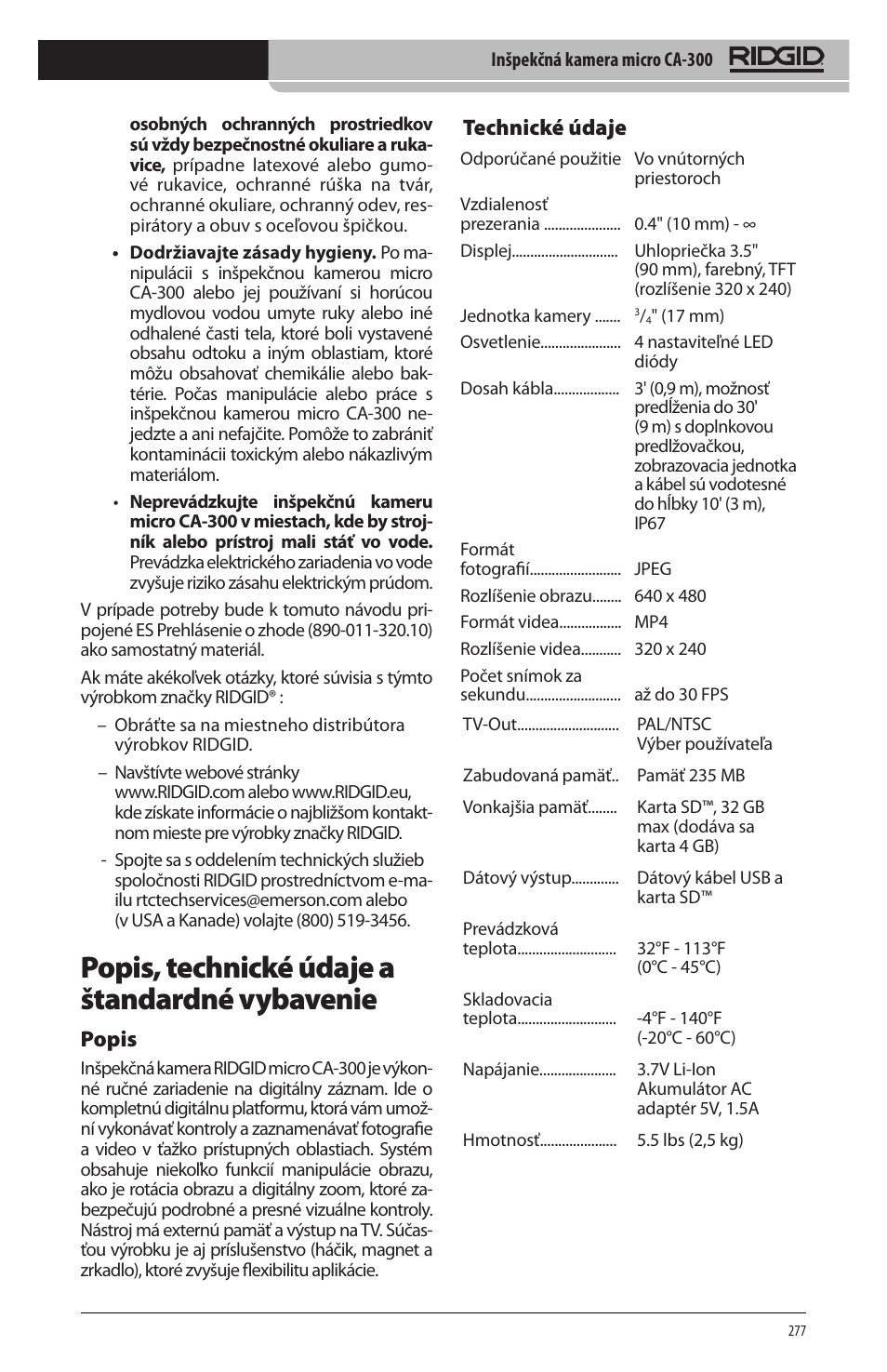 Popis, technické údaje a štandardné vybavenie, Popis, Technické údaje | RIDGID micro CA-300 User Manual | Page 279 / 472