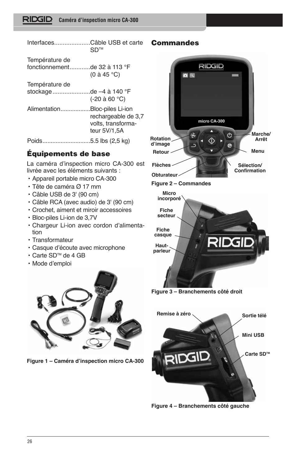 Commandes, Équipements de base | RIDGID micro CA-300 User Manual | Page 28 / 472