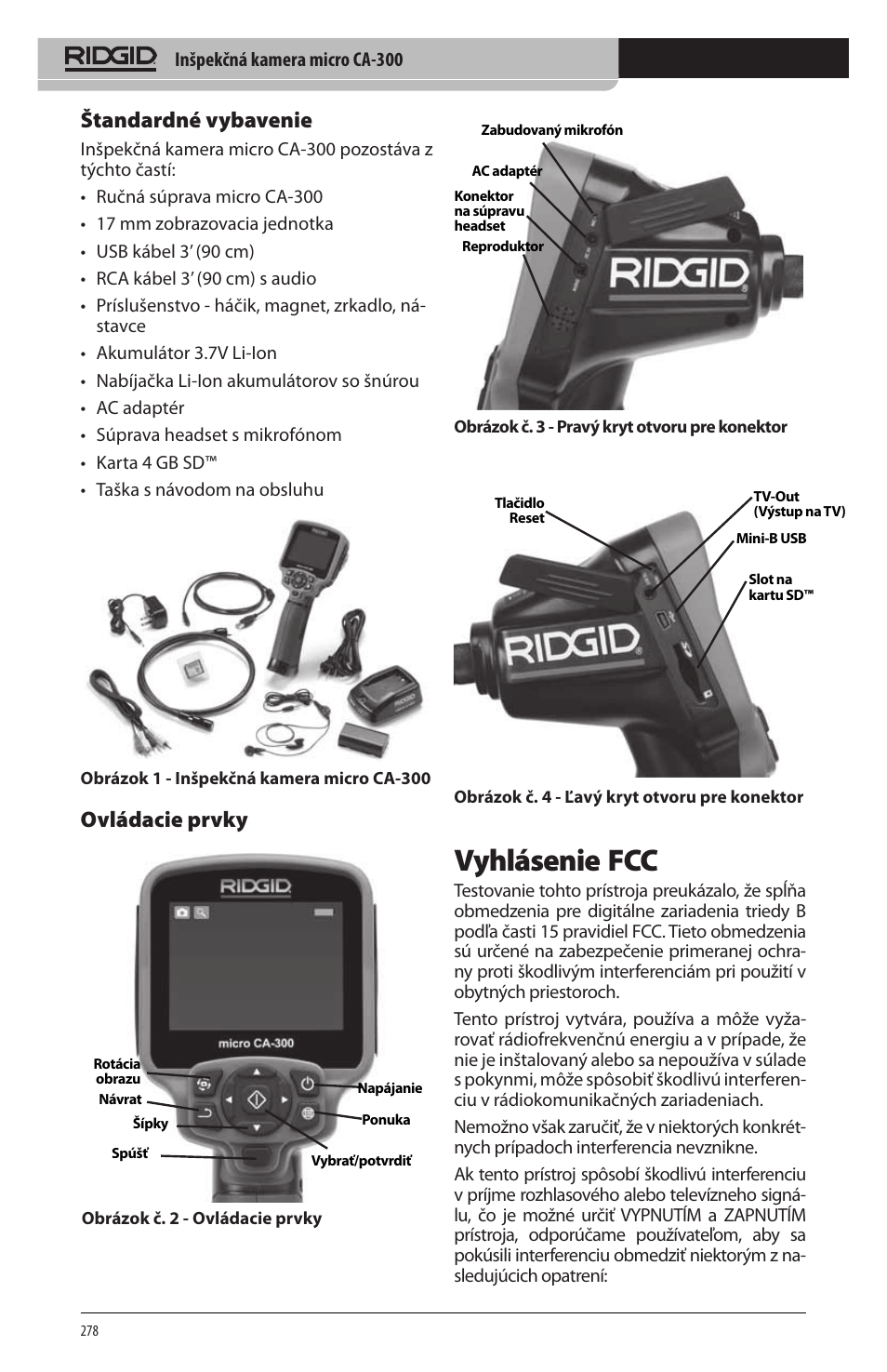 Vyhlásenie fcc, Štandardné vybavenie, Ovládacie prvky | RIDGID micro CA-300 User Manual | Page 280 / 472