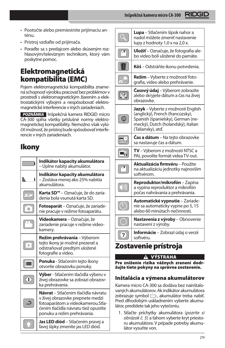 Zostavenie prístroja, Elektromagnetická kompatibilita (emc), Ikony | RIDGID micro CA-300 User Manual | Page 281 / 472