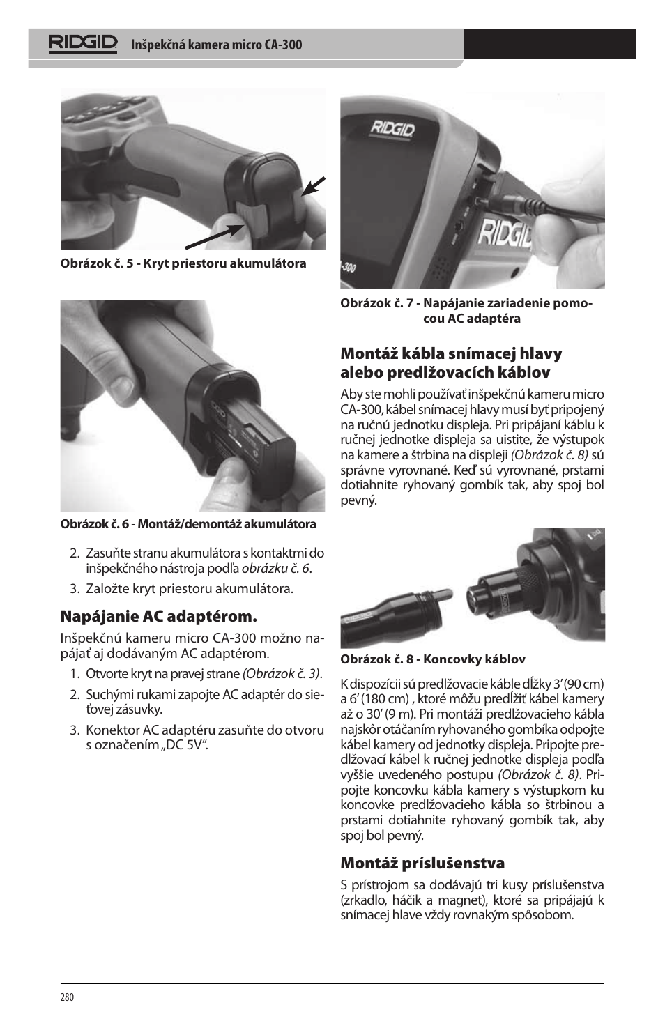 Napájanie ac adaptérom, Montáž príslušenstva | RIDGID micro CA-300 User Manual | Page 282 / 472