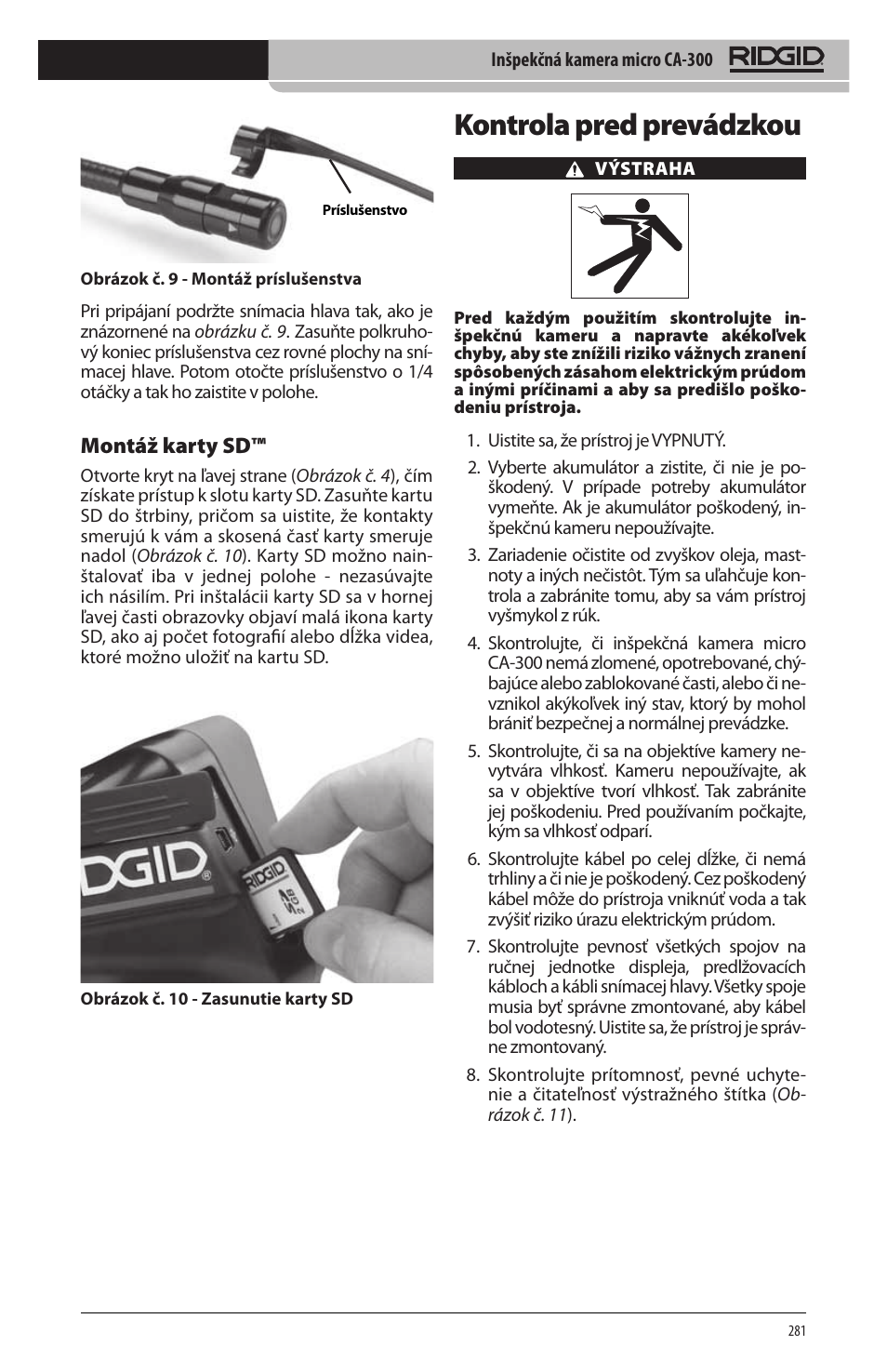 Kontrola pred prevádzkou, Montáž karty sd | RIDGID micro CA-300 User Manual | Page 283 / 472