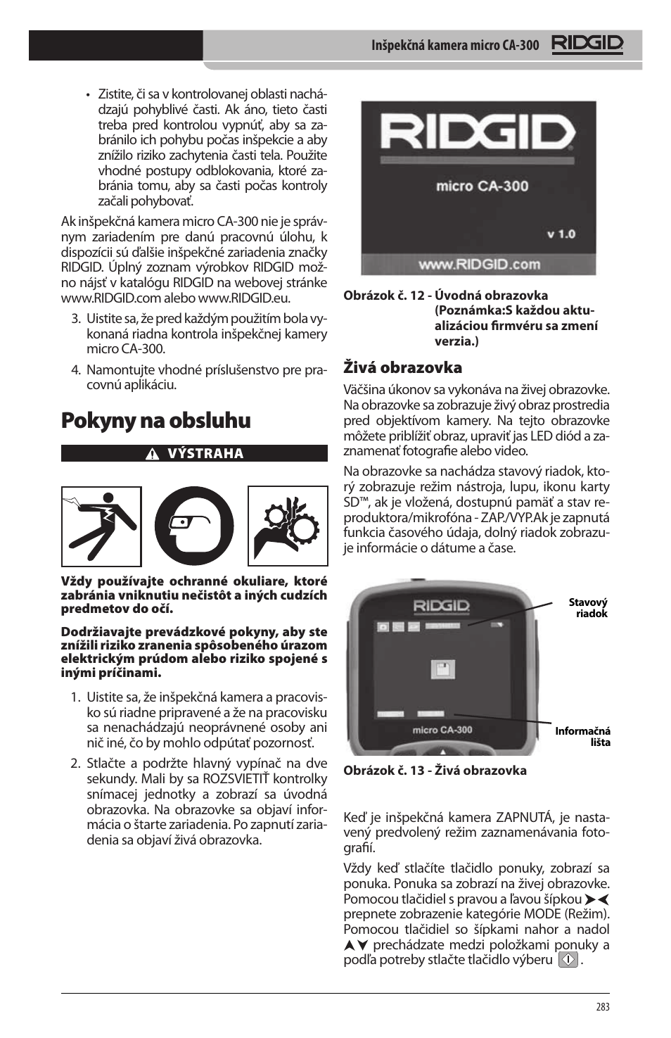 Pokyny na obsluhu, Živá obrazovka | RIDGID micro CA-300 User Manual | Page 285 / 472