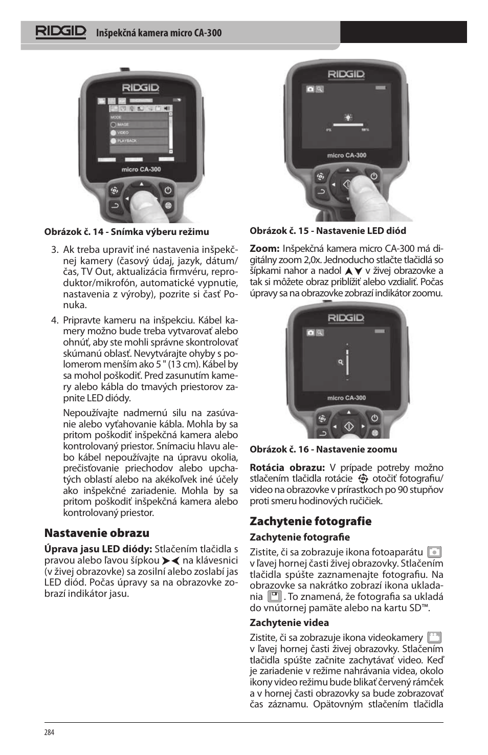 Nastavenie obrazu, Zachytenie fotografie | RIDGID micro CA-300 User Manual | Page 286 / 472