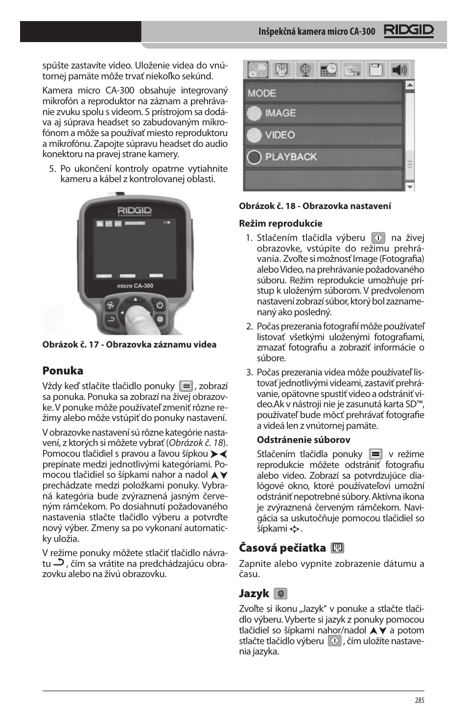 Ponuka, Časová pečiatka, Jazyk | RIDGID micro CA-300 User Manual | Page 287 / 472