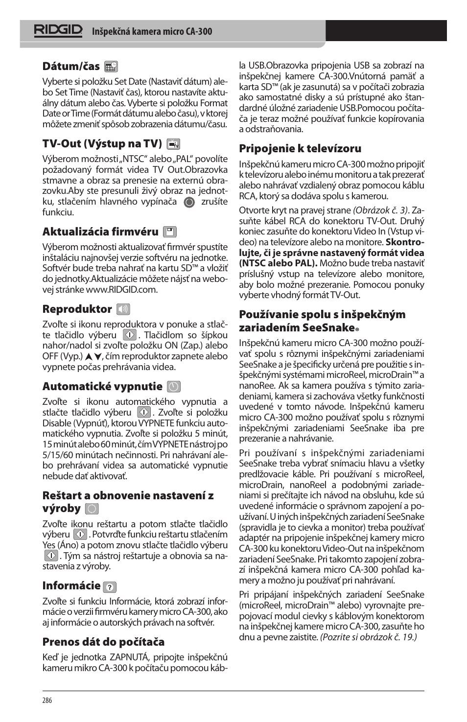 Dátum/čas, Tv‑out (výstup na tv), Aktualizácia firmvéru | Reproduktor, Automatické vypnutie, Reštart a obnovenie nastavení z výroby, Informácie, Prenos dát do počítača, Pripojenie k televízoru, Používanie spolu s inšpekčným zariadením seesnake | RIDGID micro CA-300 User Manual | Page 288 / 472